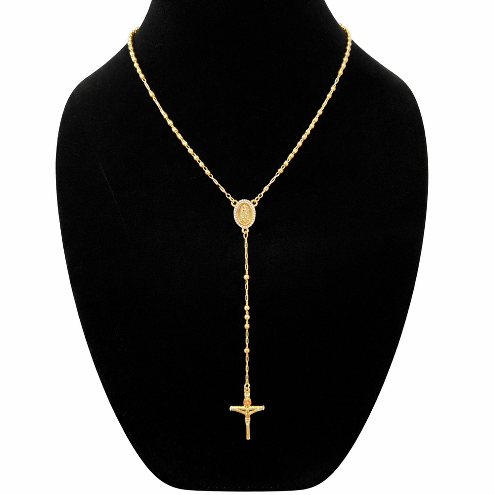 18K Gold Plated Rosary Necklace Beaded 18” Virgin Mary Pendant CZ Crucifix Gift